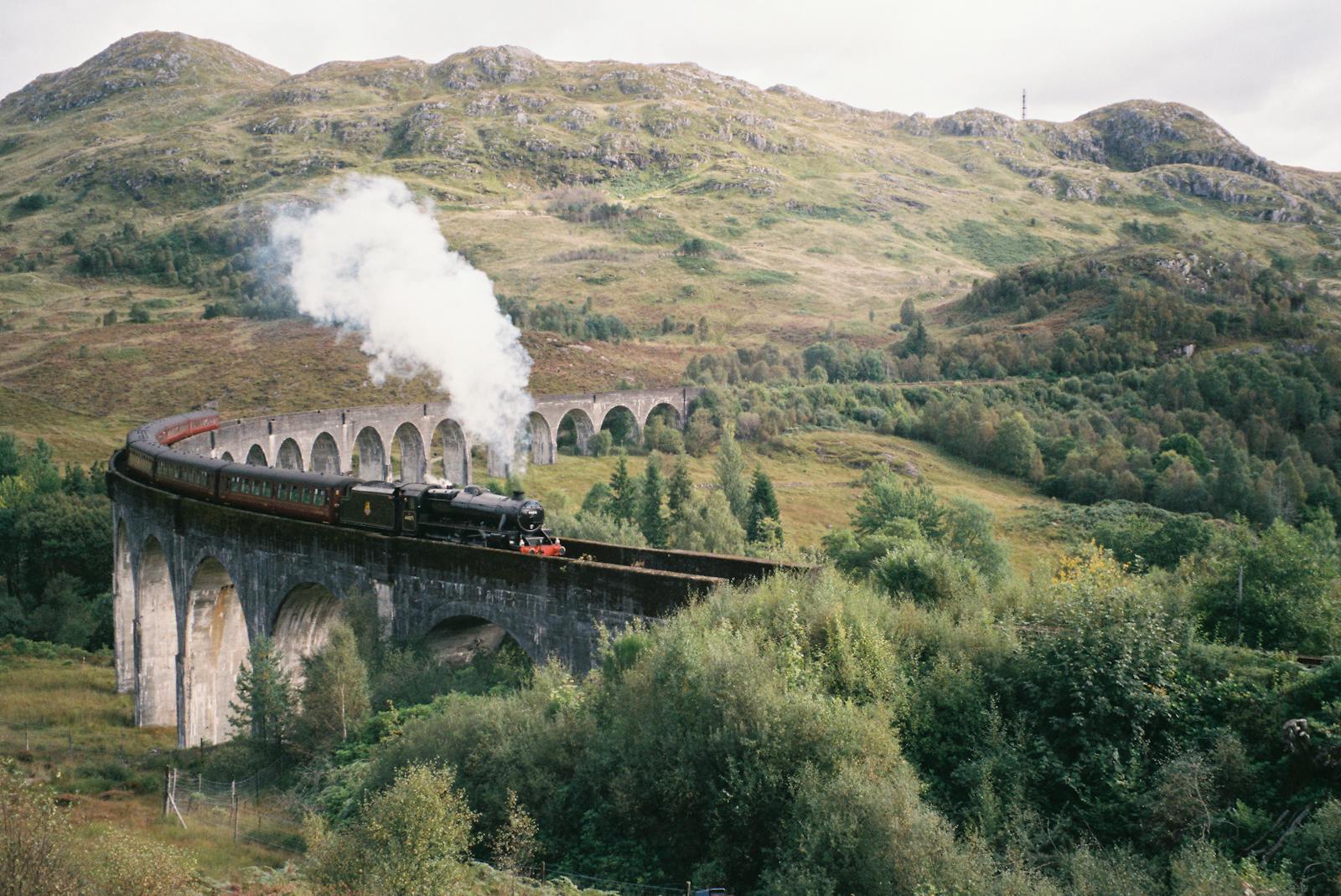 Steam train crossing Glenfinnan Viaduct amidst lush green Scottish Highlands landscape