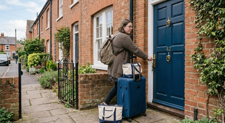 Person with luggage entering a brick house with a blue door in a quaint UK neighbourhood