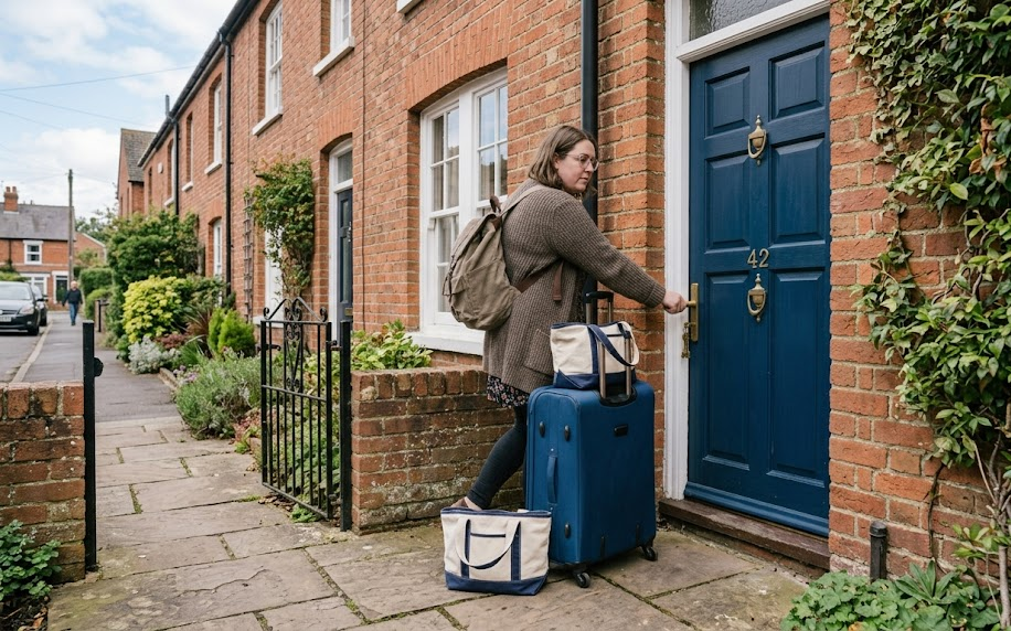 Person with luggage entering a brick house with a blue door in a quaint UK neighbourhood